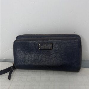 Kate Spade NY Anita Slate Blue Leather Double Zip Coin Card Bill Wristlet Clutch
